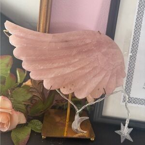 Gorgeous Rose Quartz Angel Wing with gold display stand